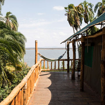 Deck near the accommodations overlooking the lake