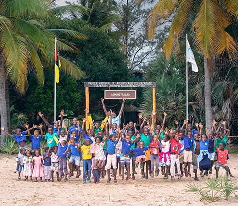 Children gathered outside a park in Bazaruto
